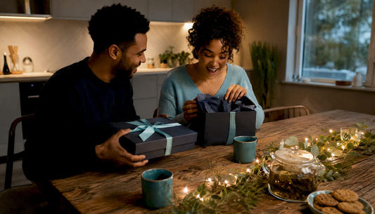 Couple exchanging romantic gifts on couch