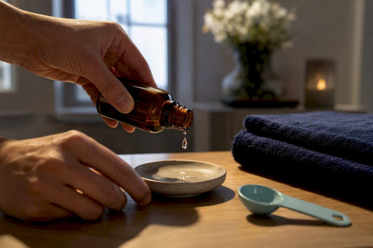 Hands measuring drops of massage oil