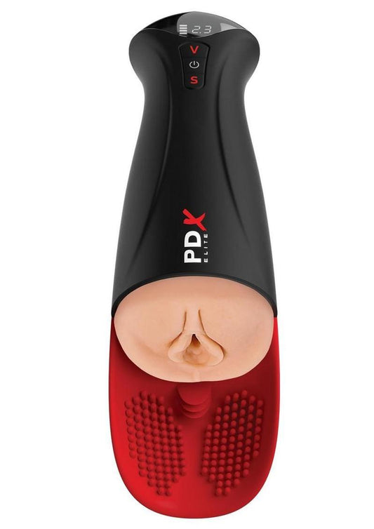 PDX Elite Fuck-O-Matic Pro XL rechargeable stroker in black and vanilla – powerful suction-action male pleasure device available at Playful Cove