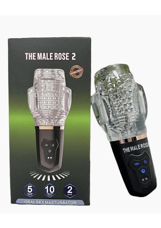 The Male Rose 2 rechargeable sucking masturbator in black and clear design with control panel – premium pleasure device available at Playful Cove