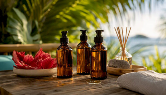 Amber bottles of massage oils on marble tray with petals