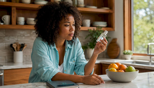 Woman reading lubricant label on couch