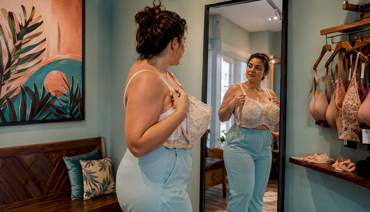 Plus size woman inspecting lingerie fit in boutique