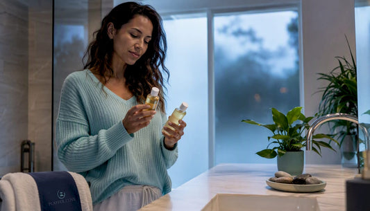 Woman comparing massage oil and lubricant bottles