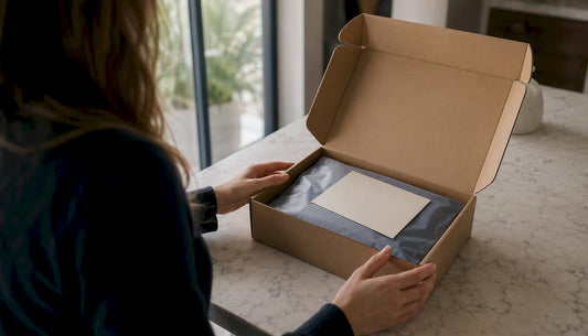 Unbranded shipment box partially open with sealed bag