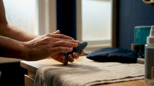 Hands applying lubricant to anal training plug