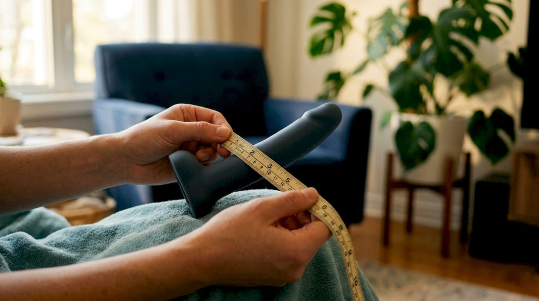 Hands measuring dildo's insertable length