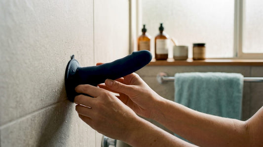 Hands mounting suction cup dildo on tile