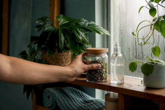 Hand placing preservative jar on bathroom shelf