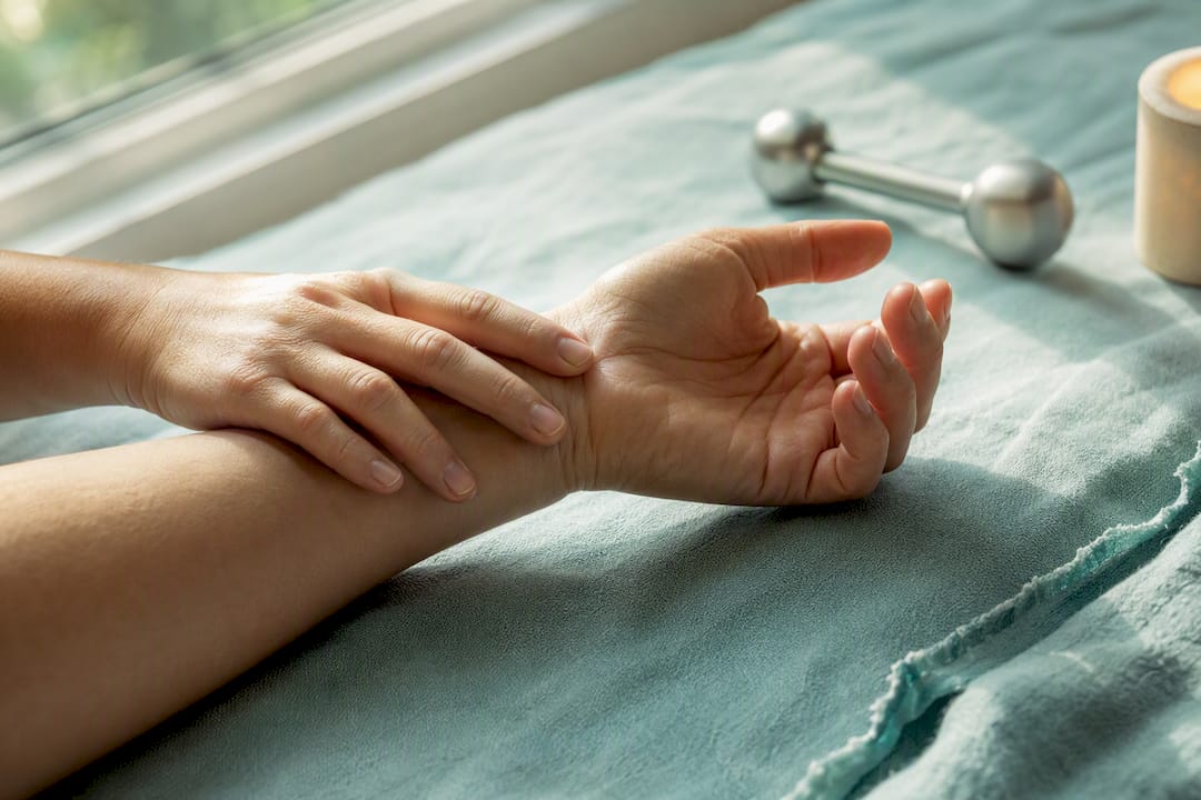Hand testing wrist temperature with fingers