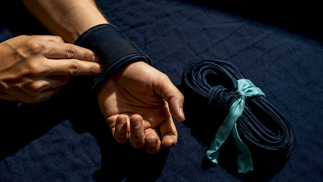 Hands checking a wide bondage cuff
