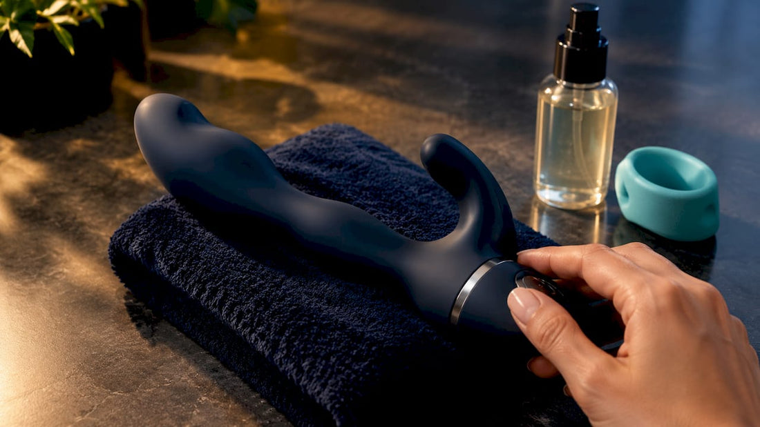 Anonymous thrusting massager detail on navy towel