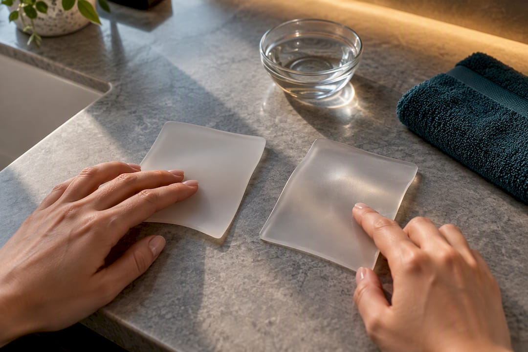 Hands comparing anonymous silicone material swatches