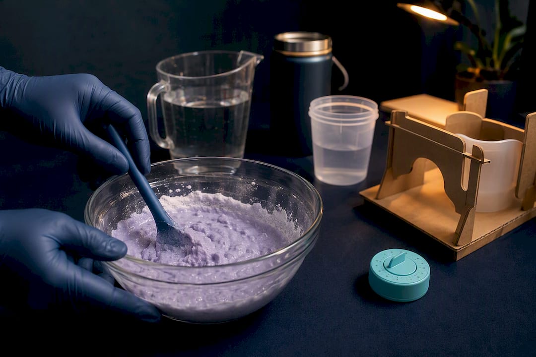 Hands preparing materials for silicone casting