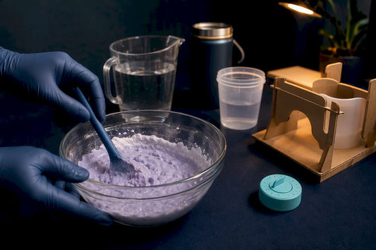 Hands preparing materials for silicone casting