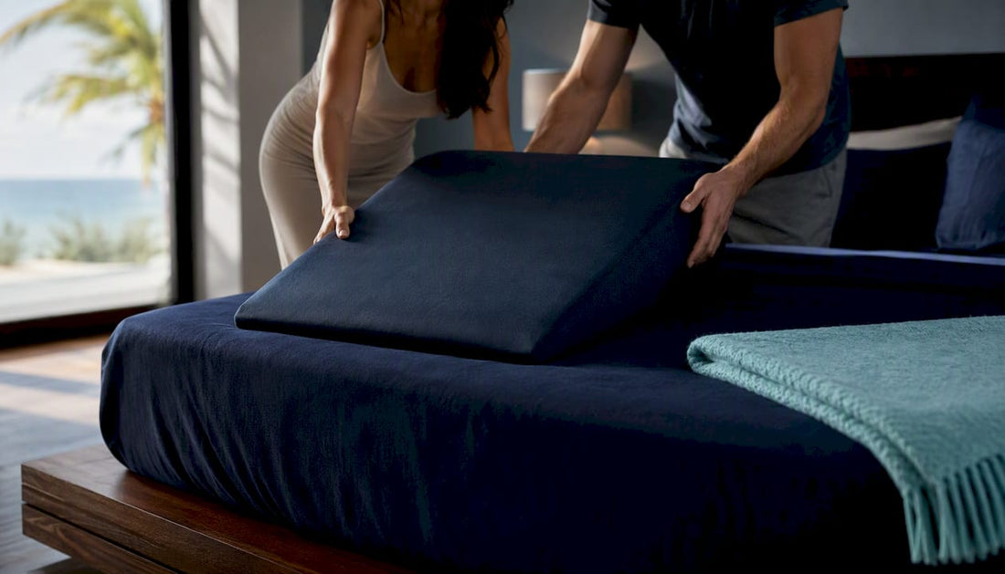 Hands positioning an angled intimacy cushion