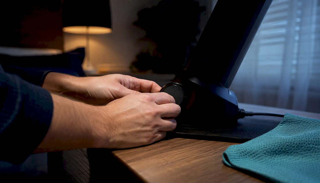 Hands adjusting an anonymous machine in a quiet bedroom