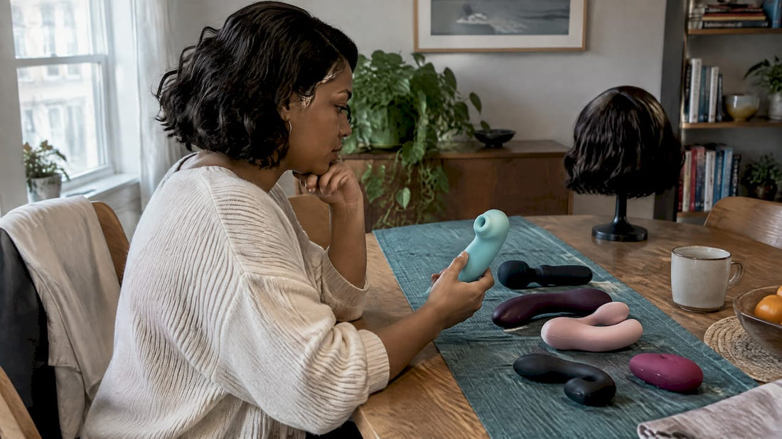 Shopper comparing adult vibrators at home
