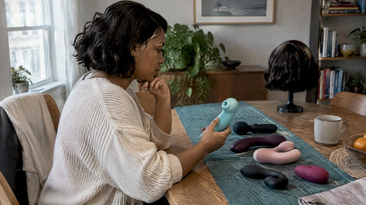 Shopper comparing adult vibrators at home
