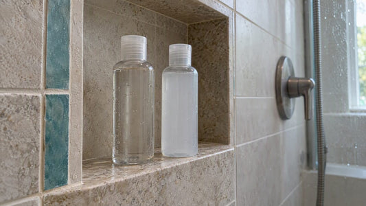 Two lubricant bottles on a tiled shower niche