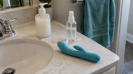Sex toy beside soap and cleaner