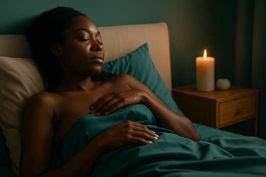 Woman resting in a calm bedroom setting with teal bedding, representing comfort, wellness, and relaxation