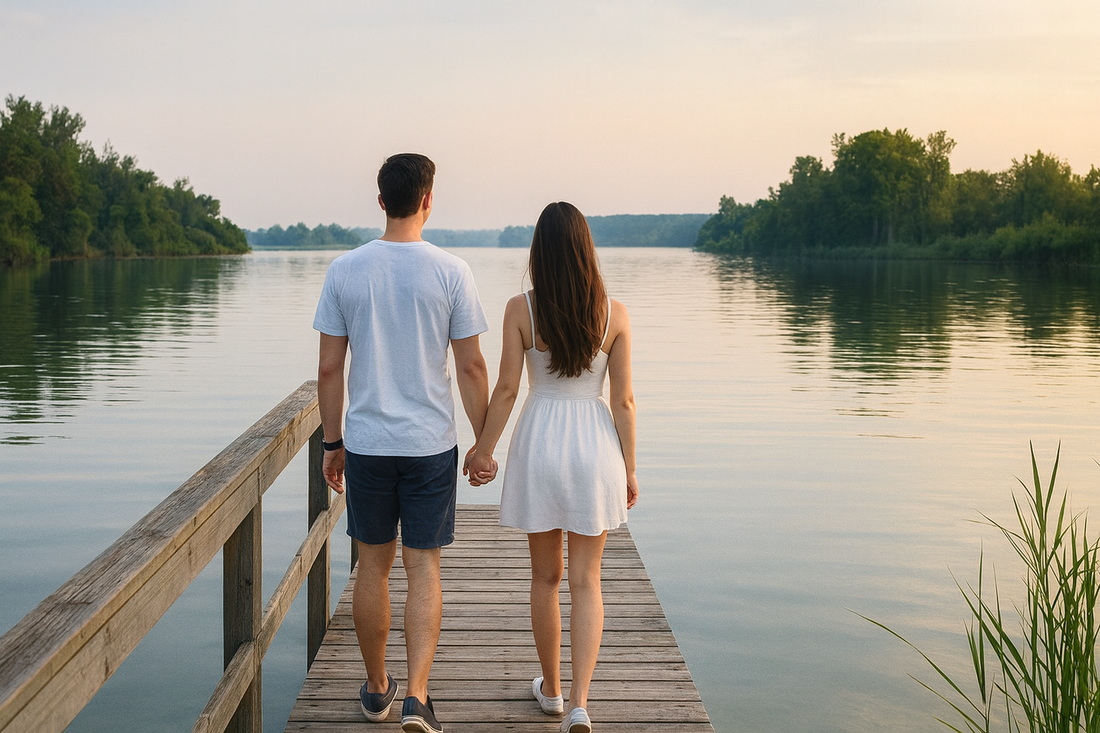A couple holding hands while walking down a wooden dock toward a calm lake during sunset, surrounded by trees and peaceful water.