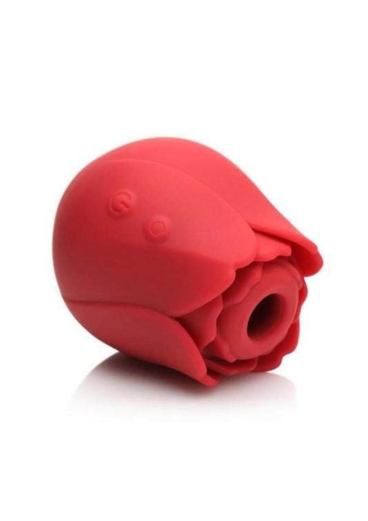 Bloomgasm Cyber Rose rechargeable silicone stimulator in red – vibrating and suction rose toy with digital display available at Playful Cove