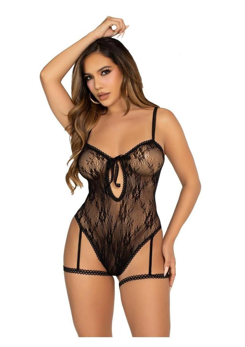 Leg Avenue Lace Garter Teddy with Keyhole Front and Crossover Back Straps - Black - One Size