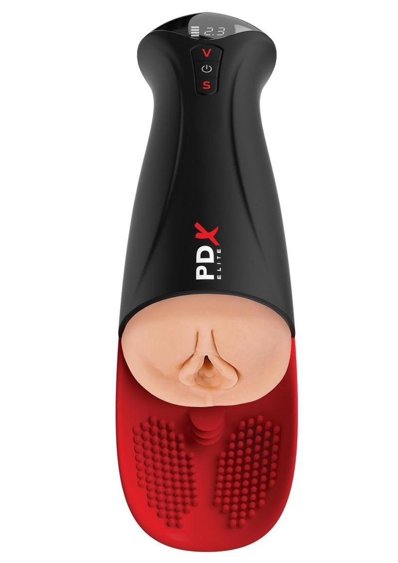 PDX Elite Fuck-O-Matic Pro XL rechargeable stroker in black and vanilla – powerful suction-action male pleasure device available at Playful Cove