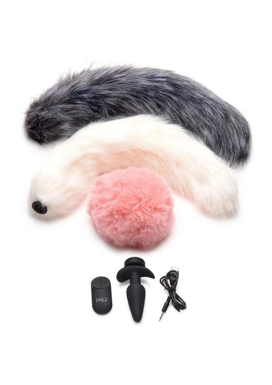 Tailz Vibrating Rechargeable Silicone Anal Plug and 3 Tails with Remote Control - Assorted Colors/Multicolor - Set